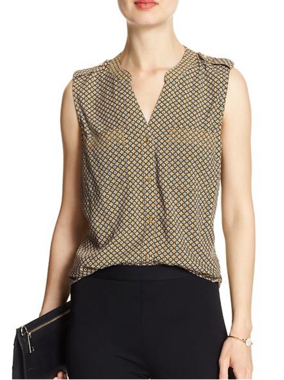 Banana Republic Sleeveless Geometric Print Split V-Neck Top button down